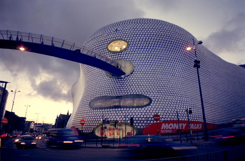 Street Scene Along Famous Bullring Shopping Center, Located at Birmingham, England During Night Time.