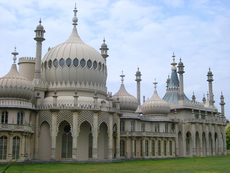 Beautiful Front View Design of Architectural Royal Pavilion Building on Grassy Landscape at Brighton, England.