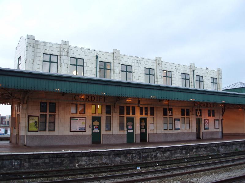 Platform and waiting room on the Great Western Railway track at Cardiff Central Station, Wales