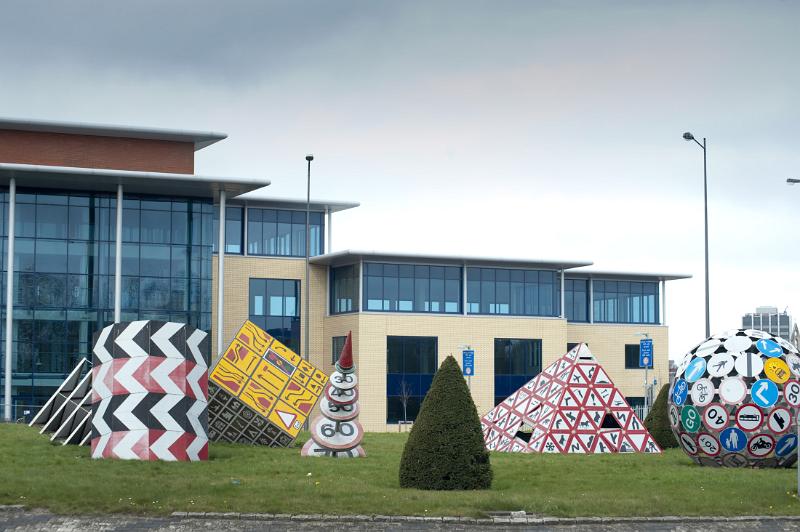 a series of sculptures buy Pierre Vivant, Ocean Way roundabout, affectionatly known as the magic roundabout, cardiff docklands