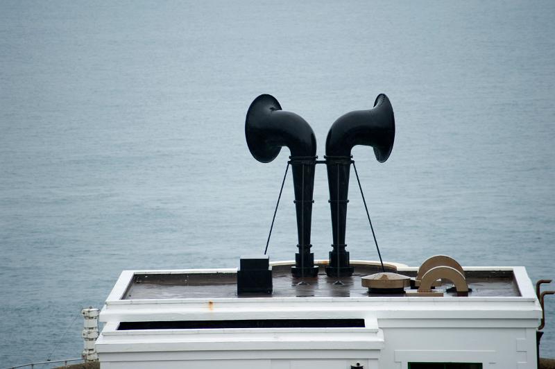 Two large black fog horns at the Pendeen Lighthouse