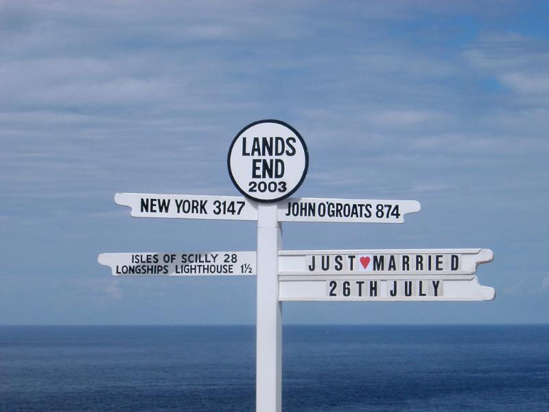 famous direction sign at lands end, cornwall