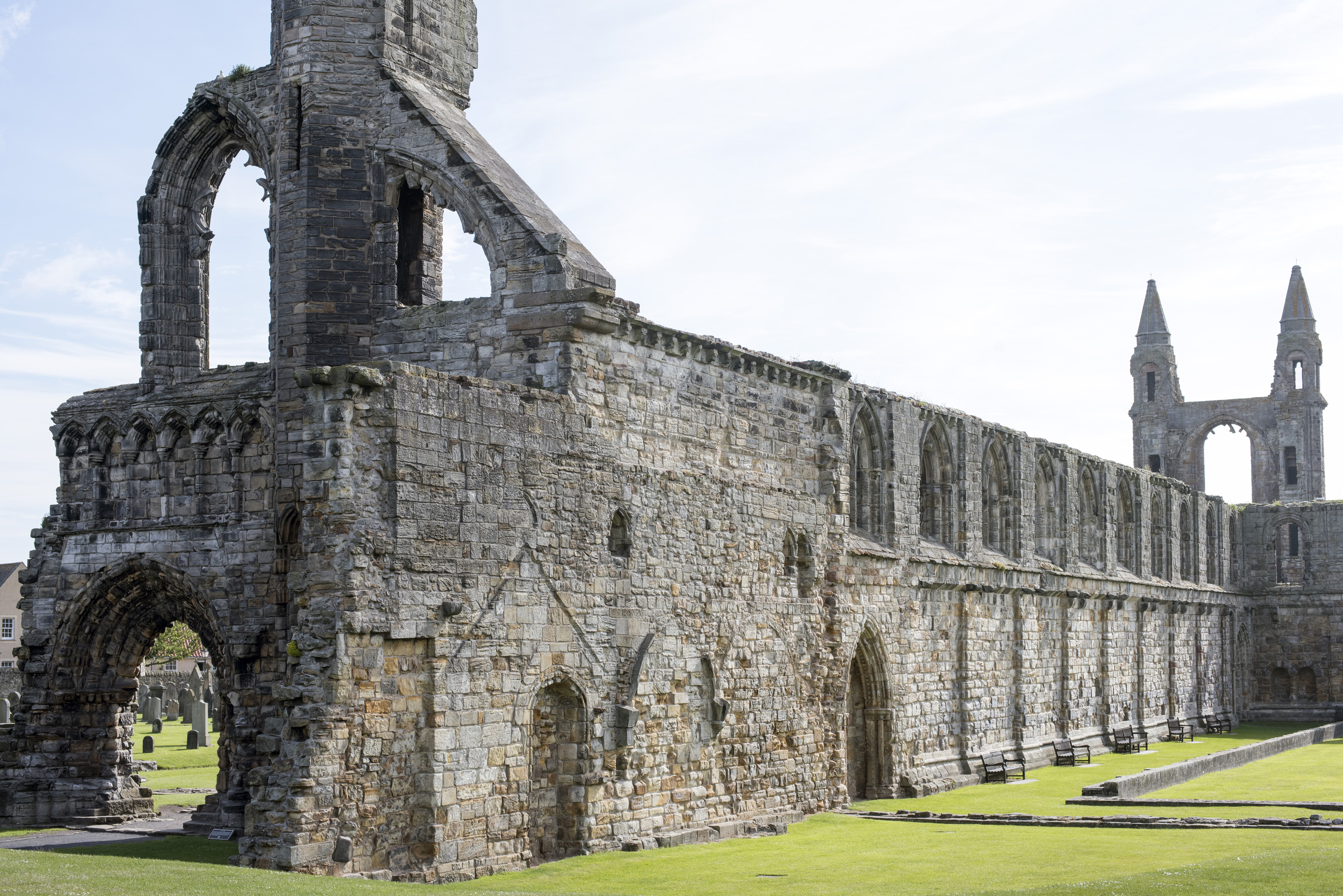 an image of Remnants of the ancient stone medieval nave of the ruined St Andrews Cathedral, St Andrews, Scotland