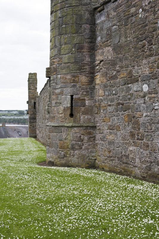 St Andrews Cathedral ruins, Scotland looking across a neat lawn to the base of around tower in an old medieval stone wall
