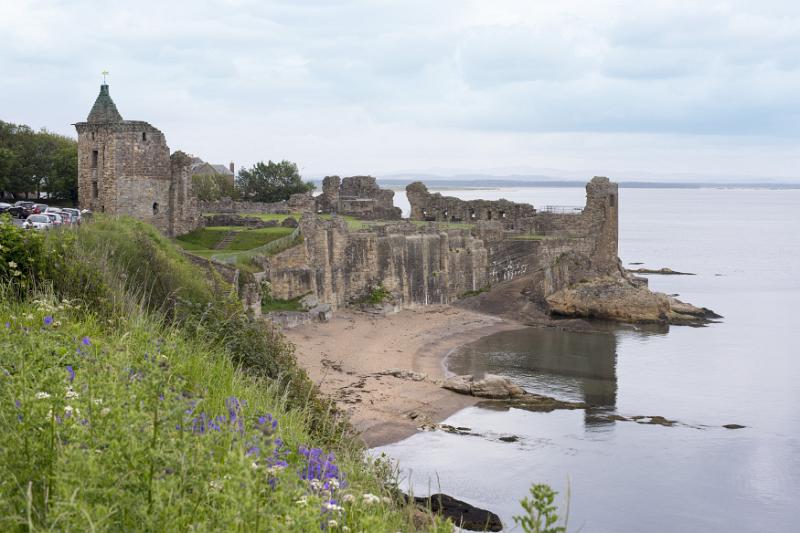 Shorefront ruins of old historic castle at the waters edge on the fife coast, in Saint Andrews, Scotland