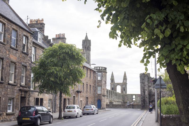Three little cars parked on street near tree with old ruins of cathedral in Saint Andrews, Scottland