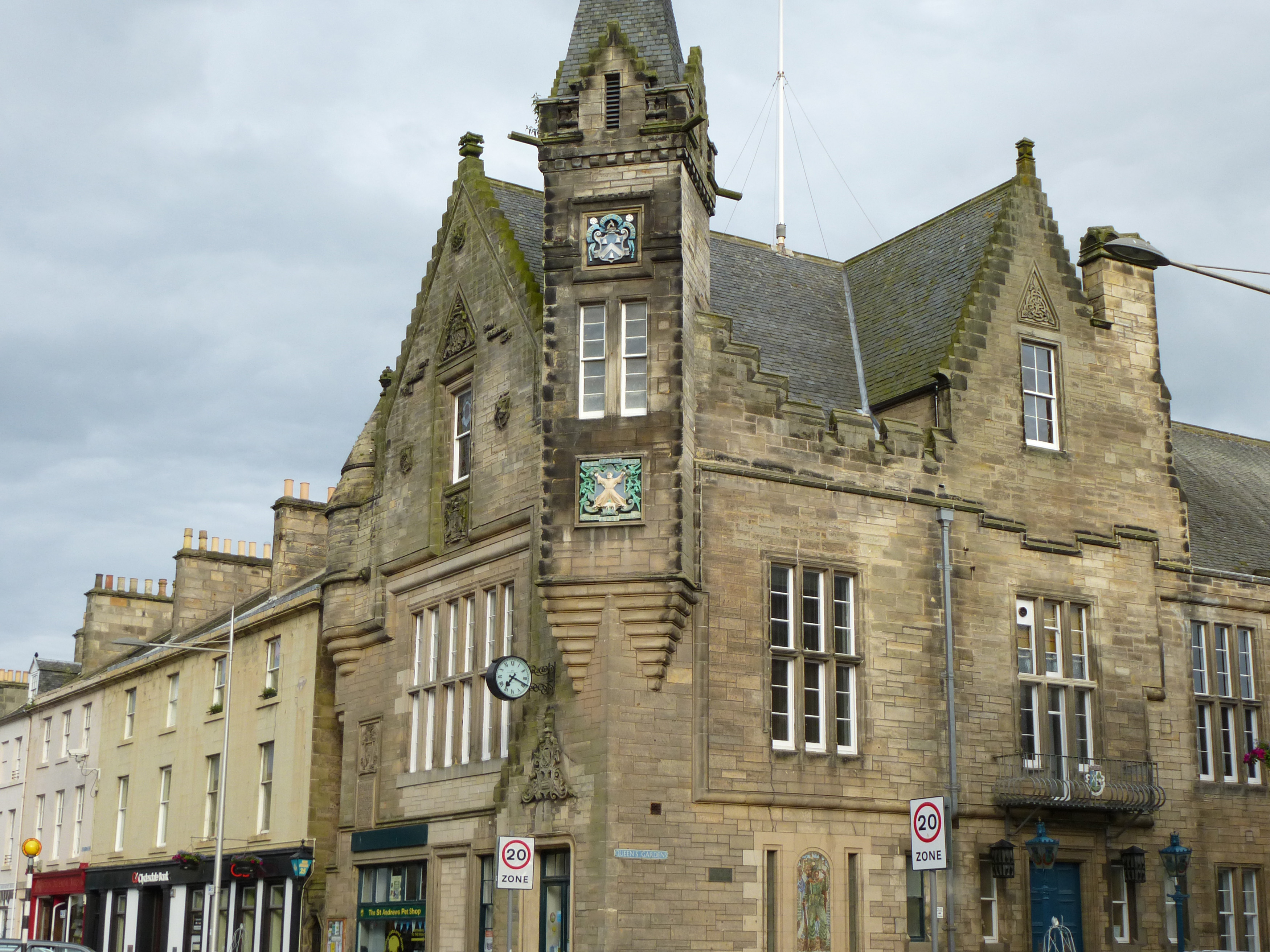 an image of Exterior facade of the town hall St Andrews, Fife , Scotland, a historic landmark in a cropped close up view
