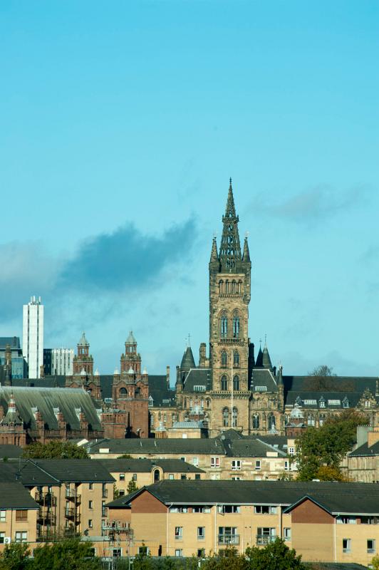 Scenic view of the University of Glasgow buildings with the landmark Gothic Bell tower dominating the skyline