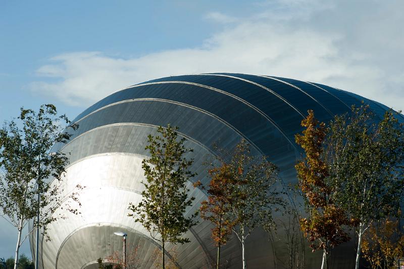 Glasgow IMAX cinema, one of the three buildings forming the Glasgow Science Centre which has a large screen capable of screening 3d movies