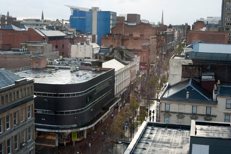 Aerial view of Sauchiehall Street in Glasgow, Scotland which is one of the main shopping and commercial streets in the city centre