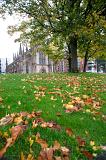 St Andrews Cathedral in Glasgow viewed over lush green grass strewn with fallen autumn leaves