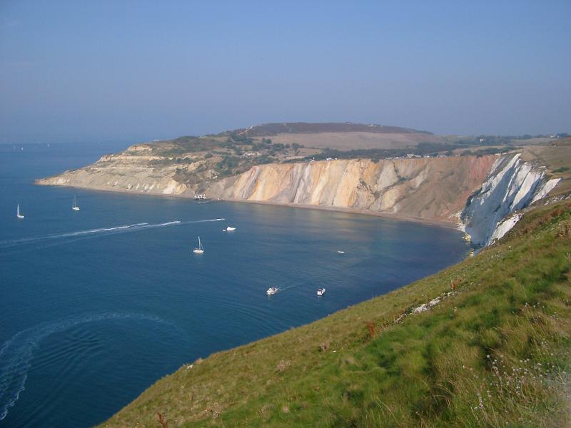 Panorama Aerial View of Famous Alum Bay near the westernmost point of the Isle of Wight, England.
