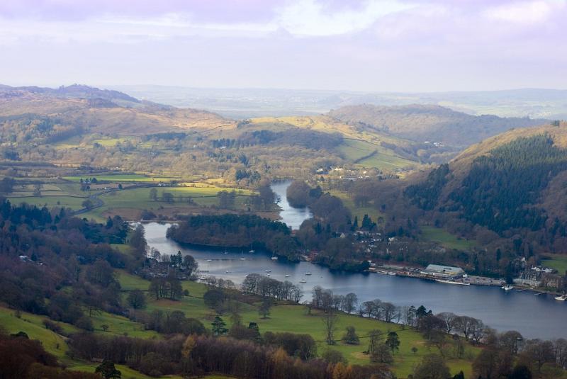looking down onto lakeside and newby bridge in the distance on lake windermere
