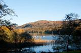 a shelterd bay on coniston water near balwith common, with low autumn sun and a clear blue sky