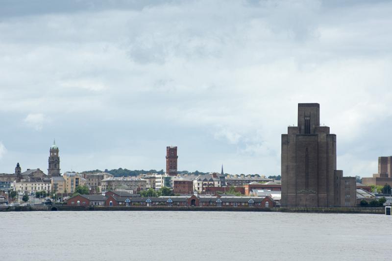 Skyline view of the Birkenhead Mersey Waterfront buildings under cloudy skies with copy space