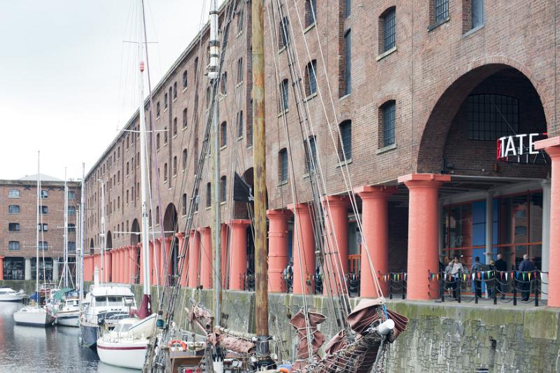 View of the famous Liverpool Albert Dock landmark building with red columns in the United Kingdom
