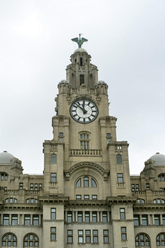 Clock tower and front of the Liver Building in Liverpool, United Kingdom, Europe