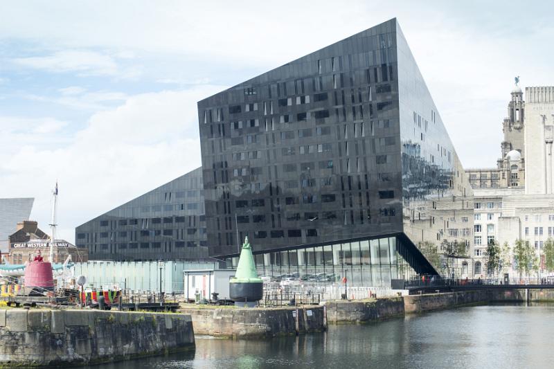 Rhombus shaped black steel and glass building on Mann Island in Liverpool, United Kingdom
