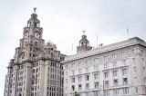 Liverpool Liver Building with famous clock tower and statues on top in the United Kingdom under overcast sky