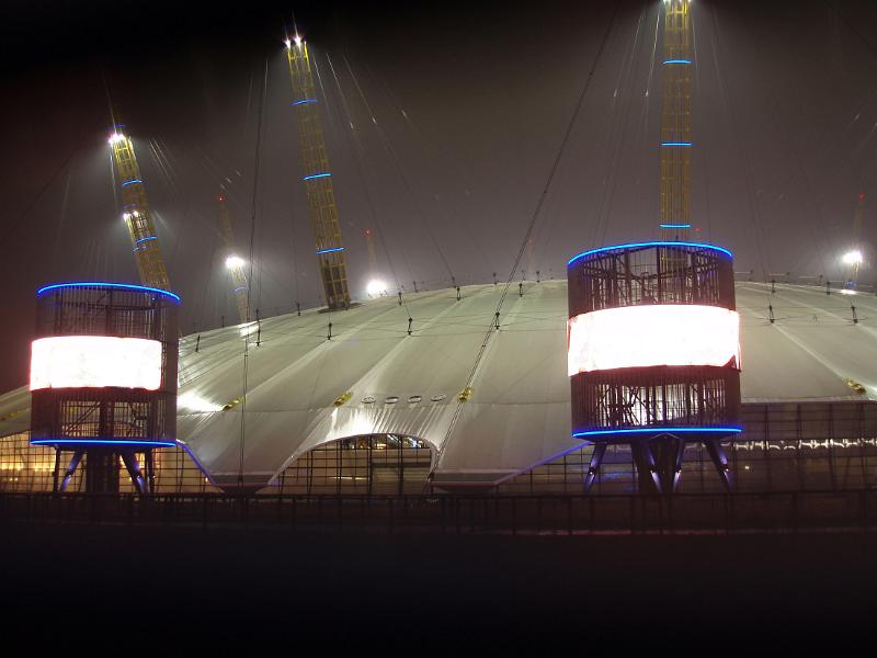 The Millennium Dome or The O2 on the Greenwich peninsula, London is a modern arena and the largest dome originally built to house exhibitions to commemorate the Millennium seen illuminated at night