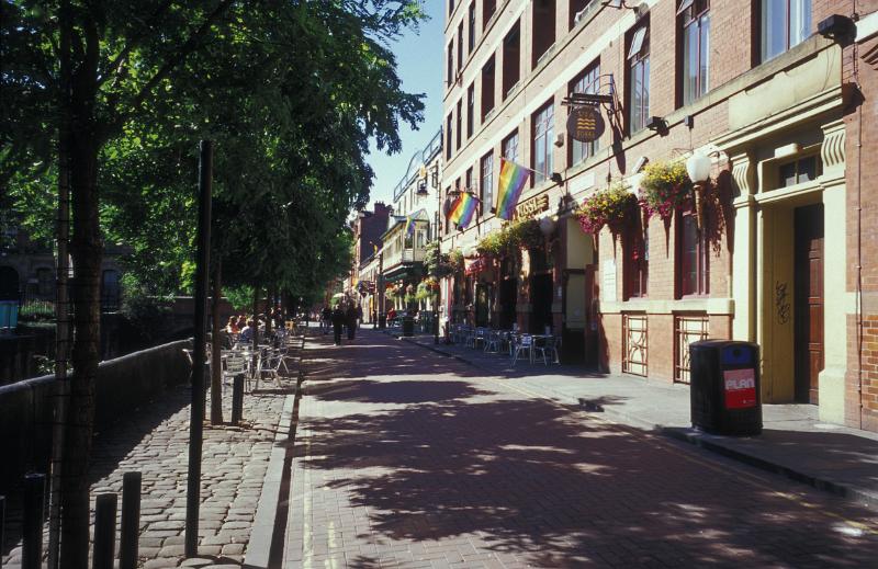 Famous Canal Street centre of the gay village with bars and night clubs, Manchester, England. Captured on One Sunny Day