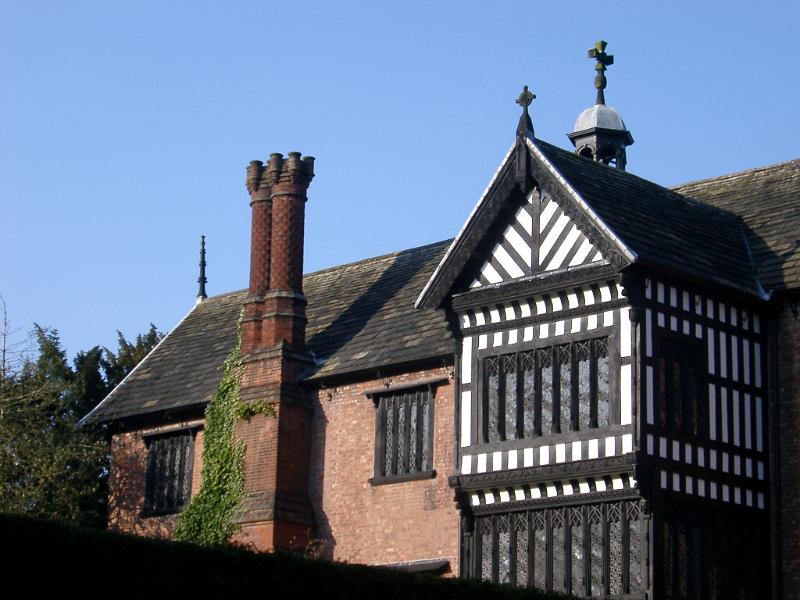 historic architectural details of the exterior of bramhall hall
