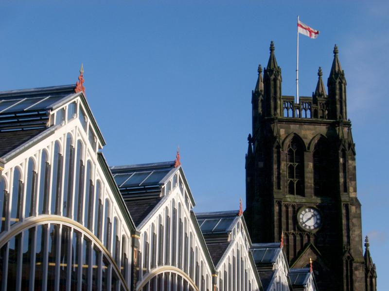 stockport market buildings and clock tower