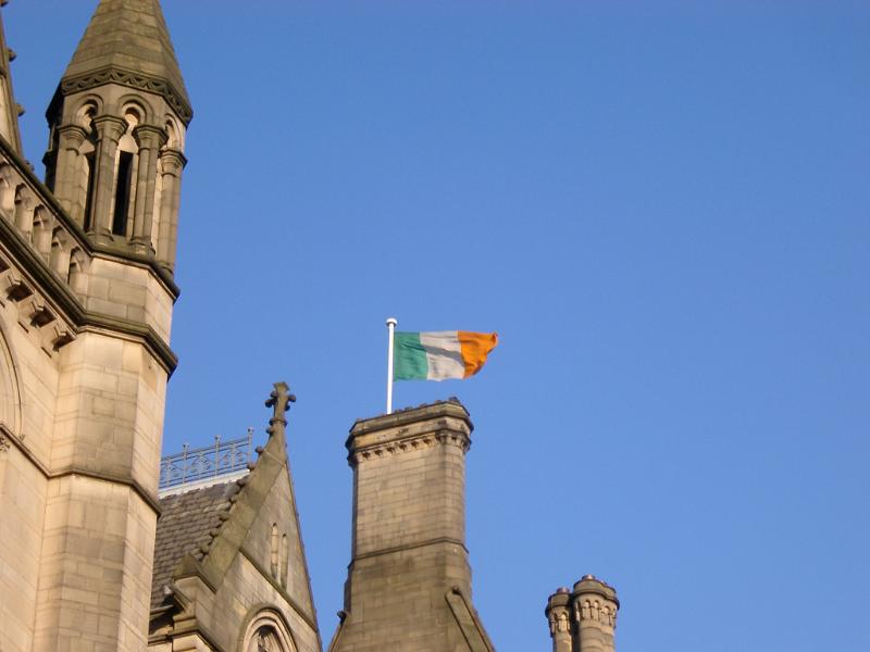 Close Up of Victorian Neo-Gothic Manchester Town Hall Rooftop Against Blue Sky, England
