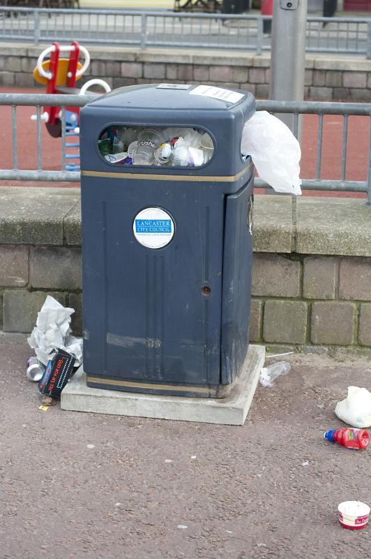 another overflowing litter bin on morecambe seafront, if the town is uncharacteristically clean for some reason these have been provided to tempt visitors to simply not bother keeping it that way thus restoring equilibrium