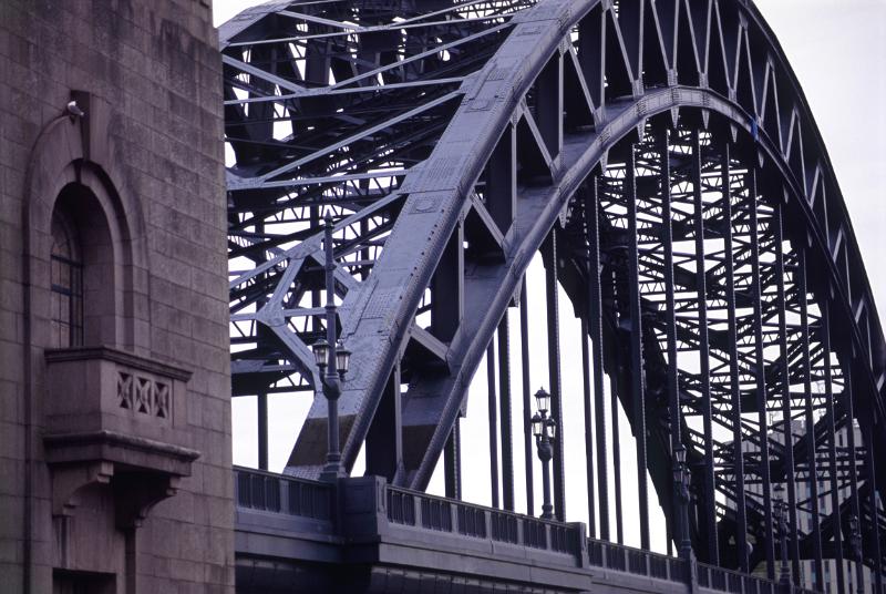 Detail of the steel span and iconic arch on the Tyne Bridge, Newcastle which crosses the River Tyne to connect Gateshead and Newcastle