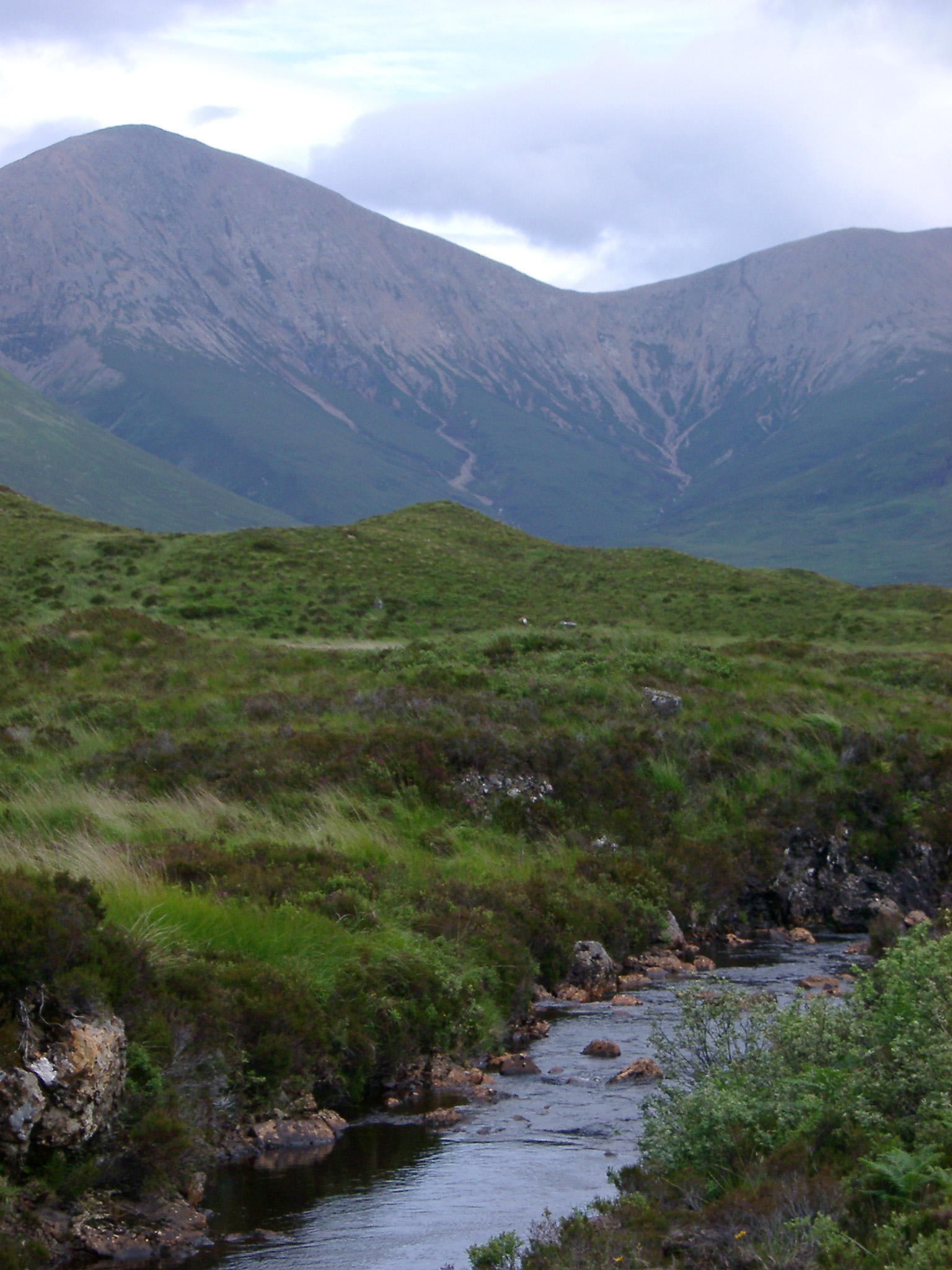 an image of Scenic wilderness view with a babbling brook flowing through lush greenery against a mountain backdrop with clouds