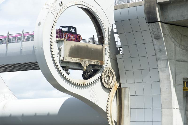 Boat in a part of the Falkirk Wheel lift, connecting the Forth and Clyde Canal with the Union Canal in Scotland