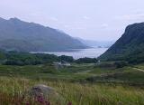 Tranquil Scottish landscape with heather growing on the shores of a misty loch bounded by rugged mountain peaks