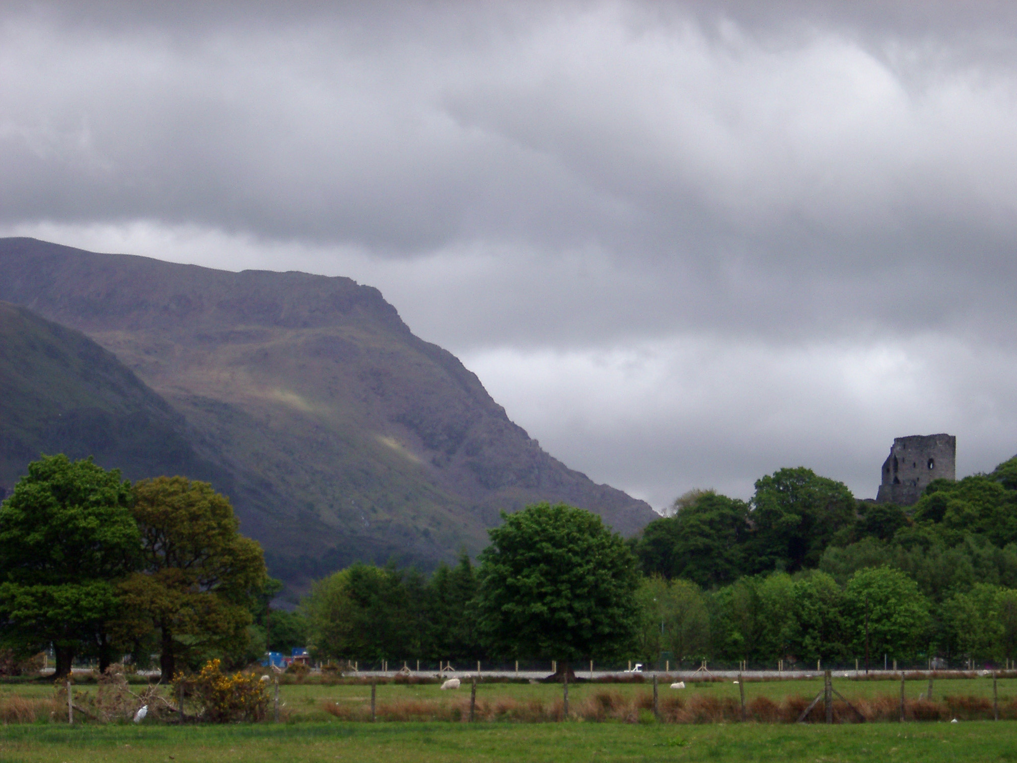 an image of Welsh landscape with an old stone castle nestling amongst lush green trees at the foot of a mountain on a cold cloudy wet day