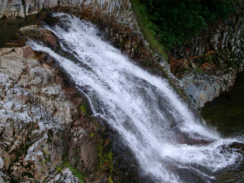 Gushing waterfall cascading over rocks into a pond or lake below with lush green vegetation growing on the rock wall