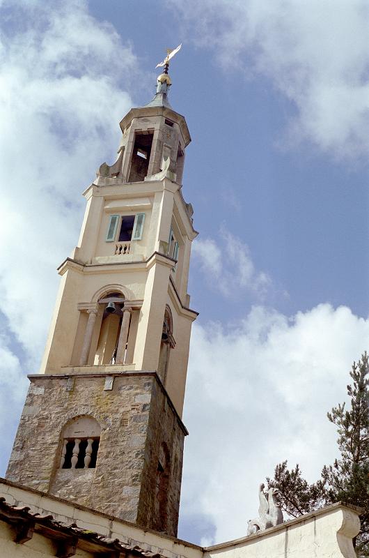 Exterior View of Famous Architectural Portmeirion Bell Tower in Gwenydd, Welsh, UK