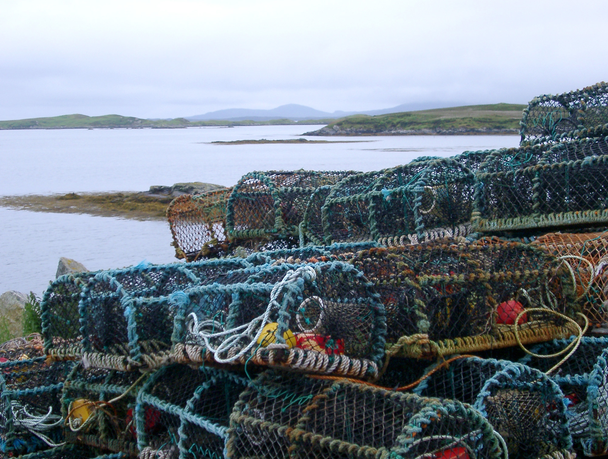 an image of Wire mesh crab pots stacked on the seashore of a loch in Scotland