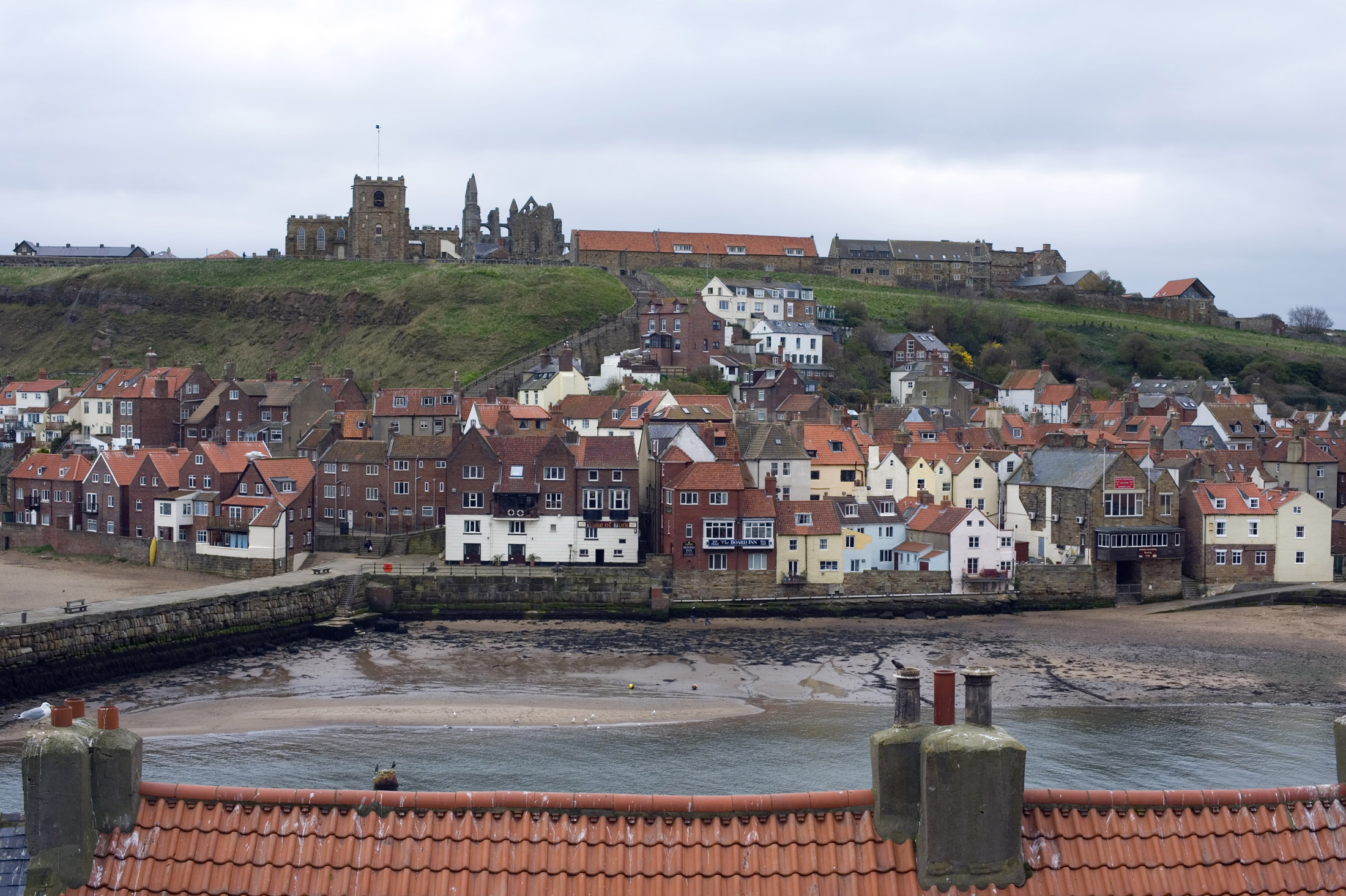 an image of a view of whitby from west cliff looking across the lower harbour to rows of cottages with the abbey and church on the hill
