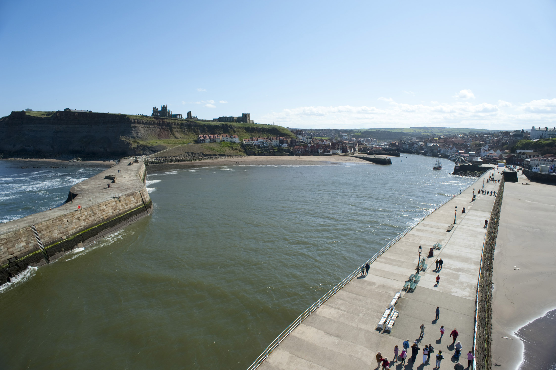 an image of whitby harbour viewed from the top of the light house