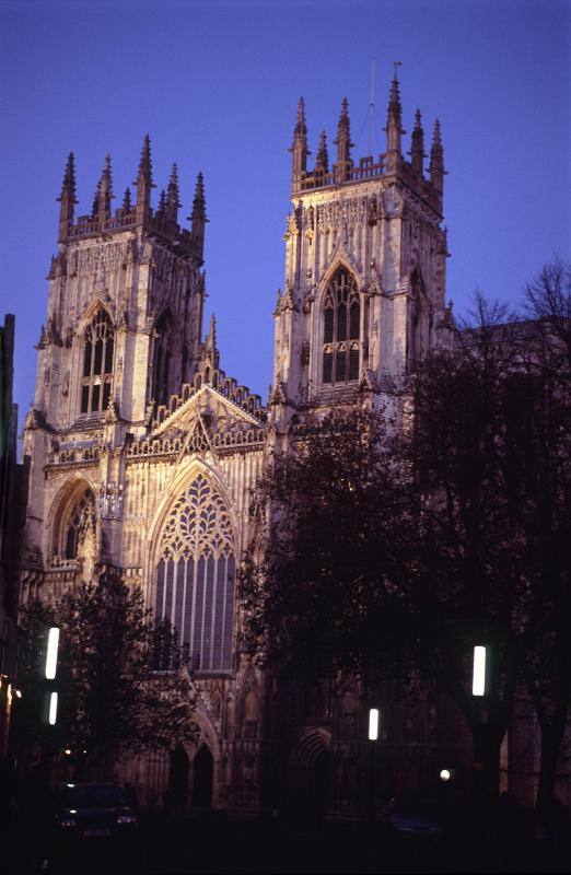 Exterior of Facade of Illuminated York Minster Cathedral in the Evening, York, England