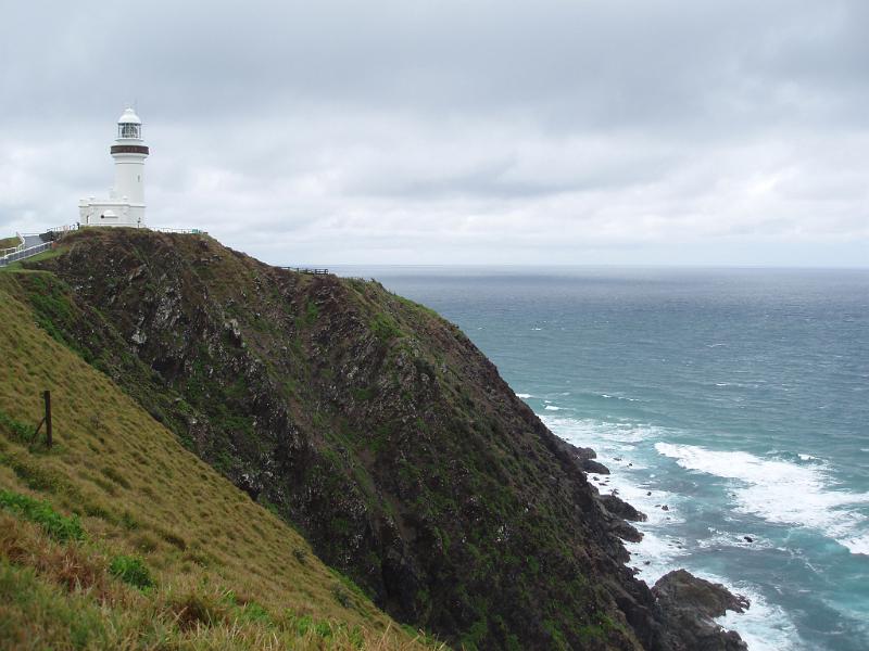 Lighthouse at Grassy High Cliff at Beautiful Byron Bay in Australia on Light Gray Sky Above.