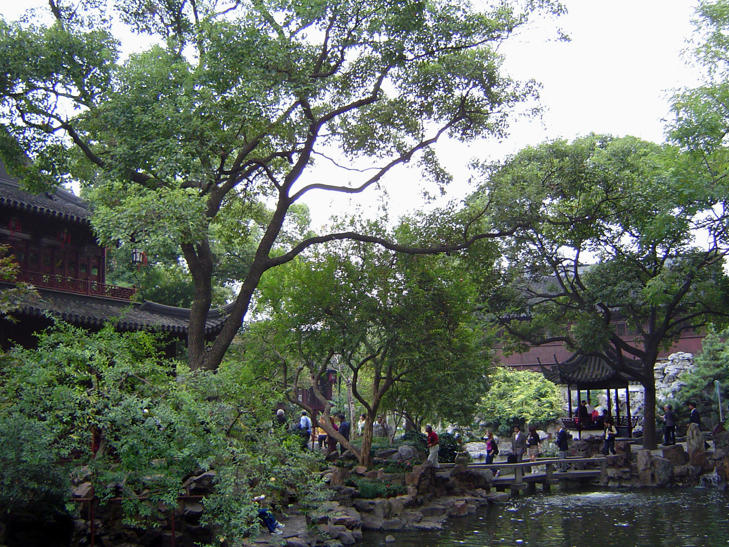 an image of Tall Green Trees and Traditional Structures at Chinese Gardens in Shanghai