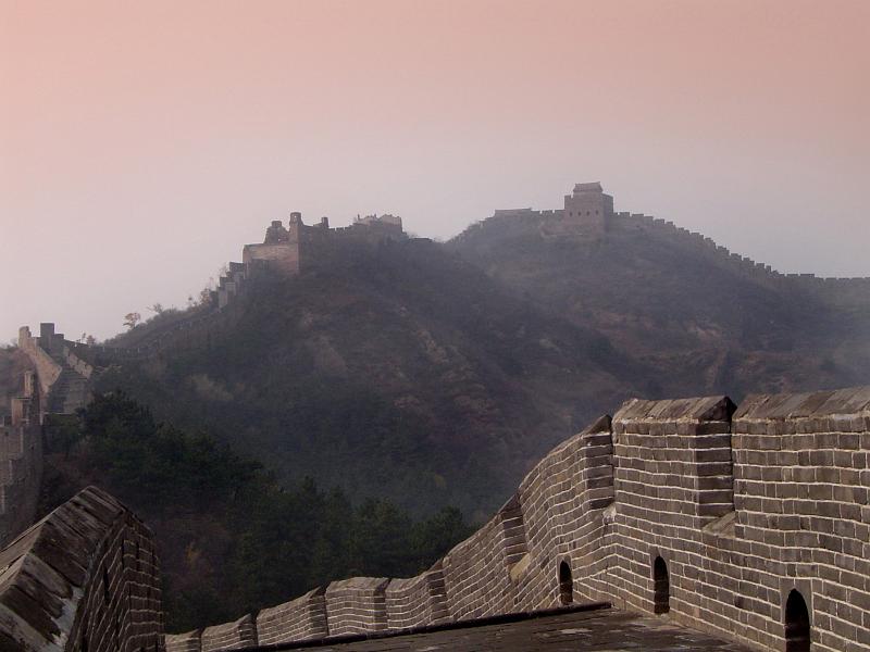 Famous Historic Great Wall of China Structure on Top of the Hills in Panoramic View.