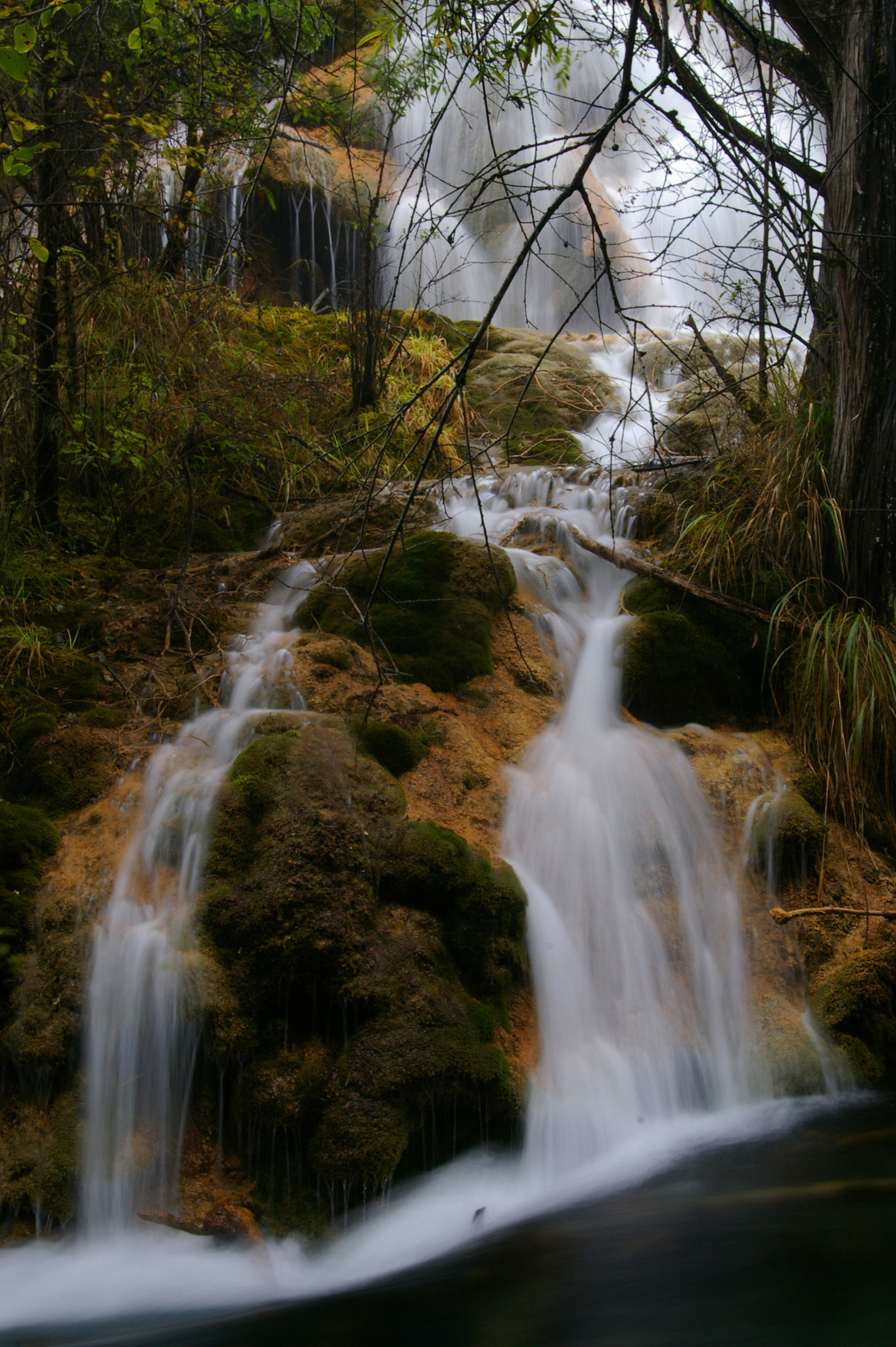 an image of Torrent of water cascading down over rocks forming multiple scenic waterfalls in a forest in China