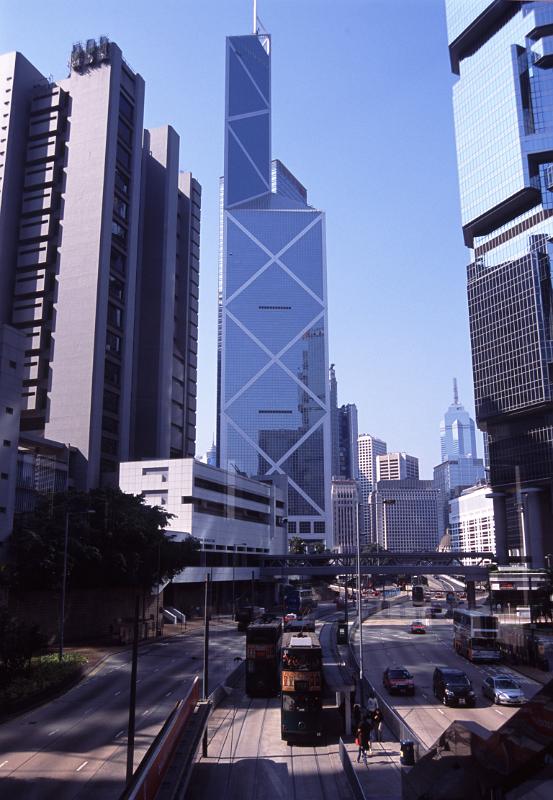 Day Light City View at Hong Kong China with High Architectural Towers, Cars and Trams.
