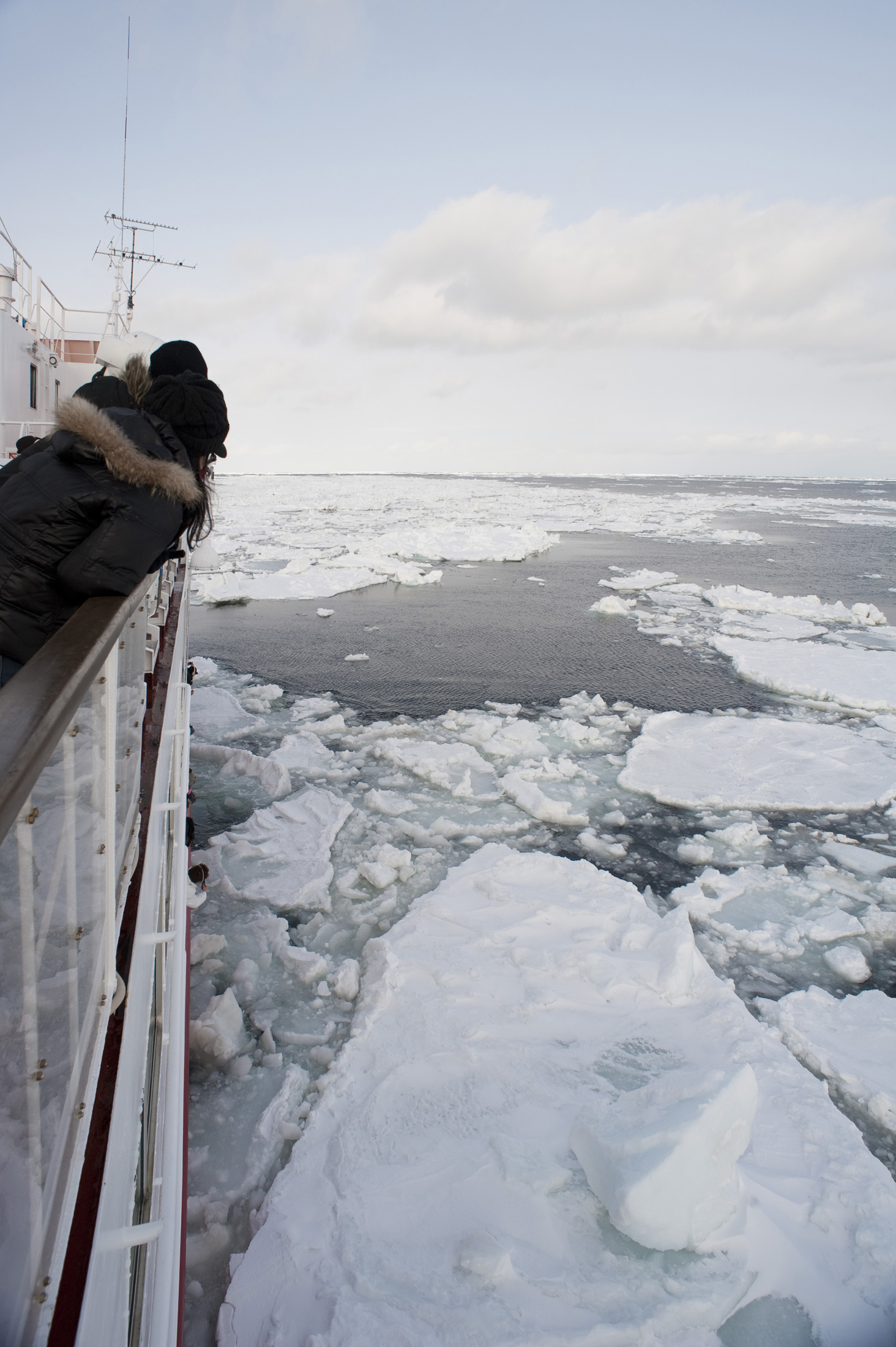 an image of Breaking through ice drifts onboard the Aurora ice breaker, Hokkaido, Japan