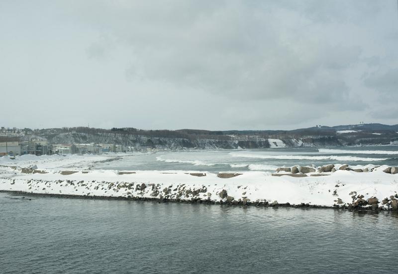 Cold winter snow covered coastline in Abashiri, Hokkaido, Japan