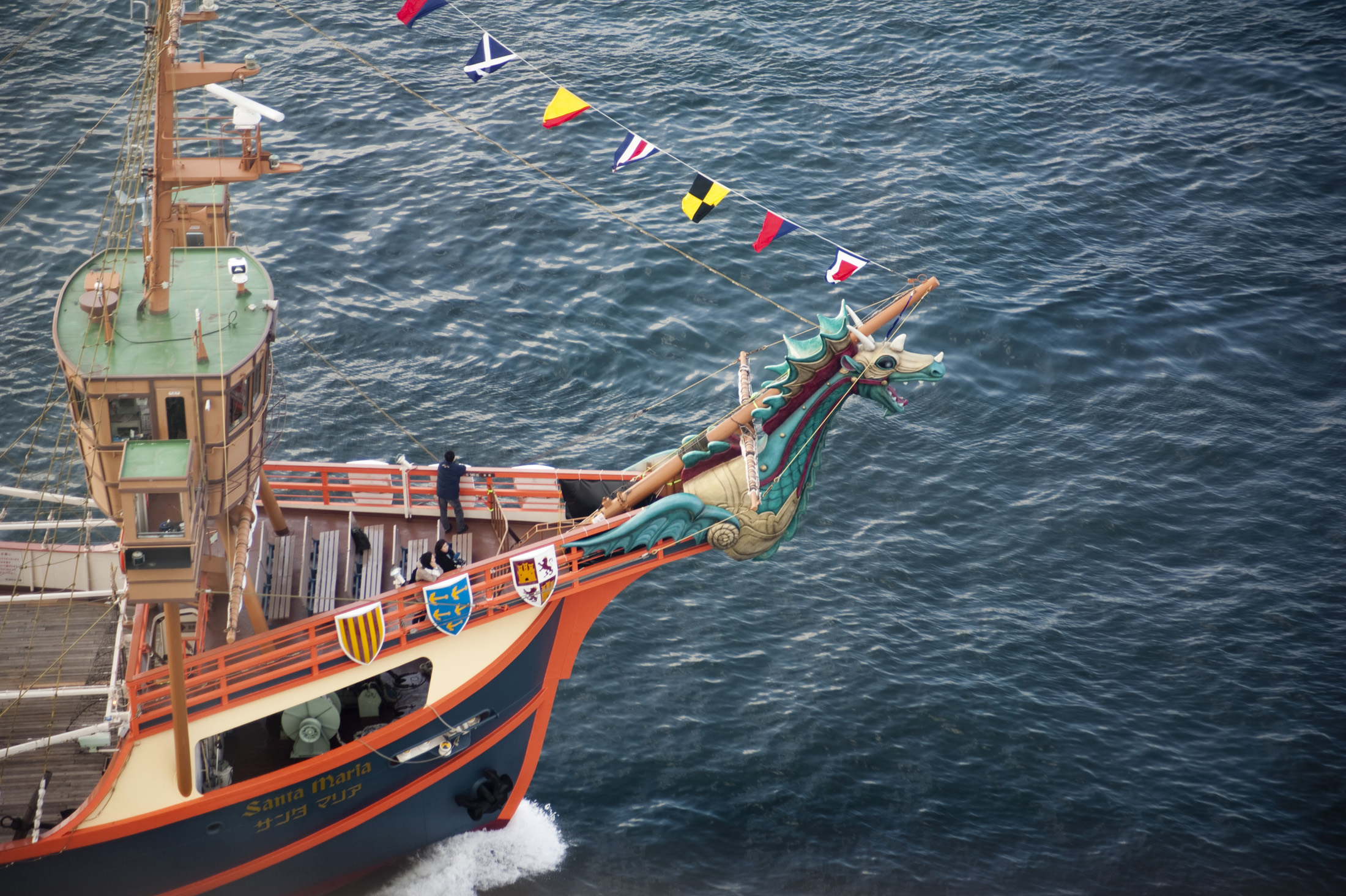 an image of Close up on the front of the Santa Maria on osaka habour