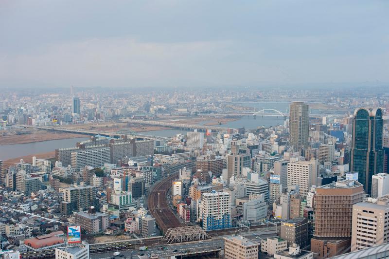 an aerial view of the Osaka and the Yodo River, Japan