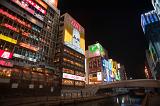 Neon signs light up the night skyline in Dotonbori, Osaka, Japan